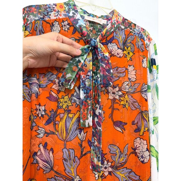 Tory Burch Kia Orange Garden Print Silk Shirt Top Green Floral Tie Neck 8 - Picture 4 of 15